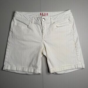 Elle Paris Womens Size 8 White Denim Cuffed Shorts Embroidered Pockets